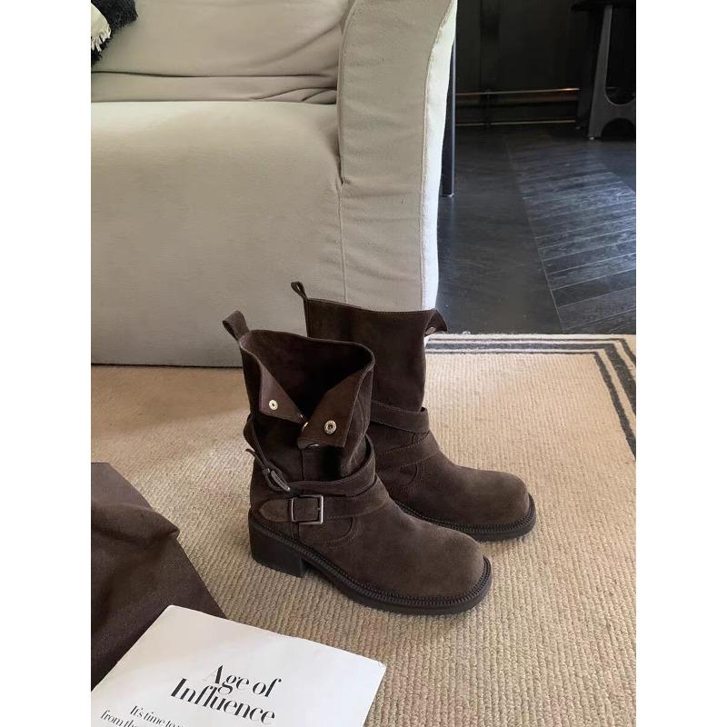 ~ Autumn Maillard Folded Two Buckle-strapped Cow Velvet Mid-boots