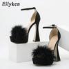 Eilyken Summer Platform Peep Toe Women Sandals Sexy Elegant Feather Buckle Strap High Heels Wedding Party Shoes