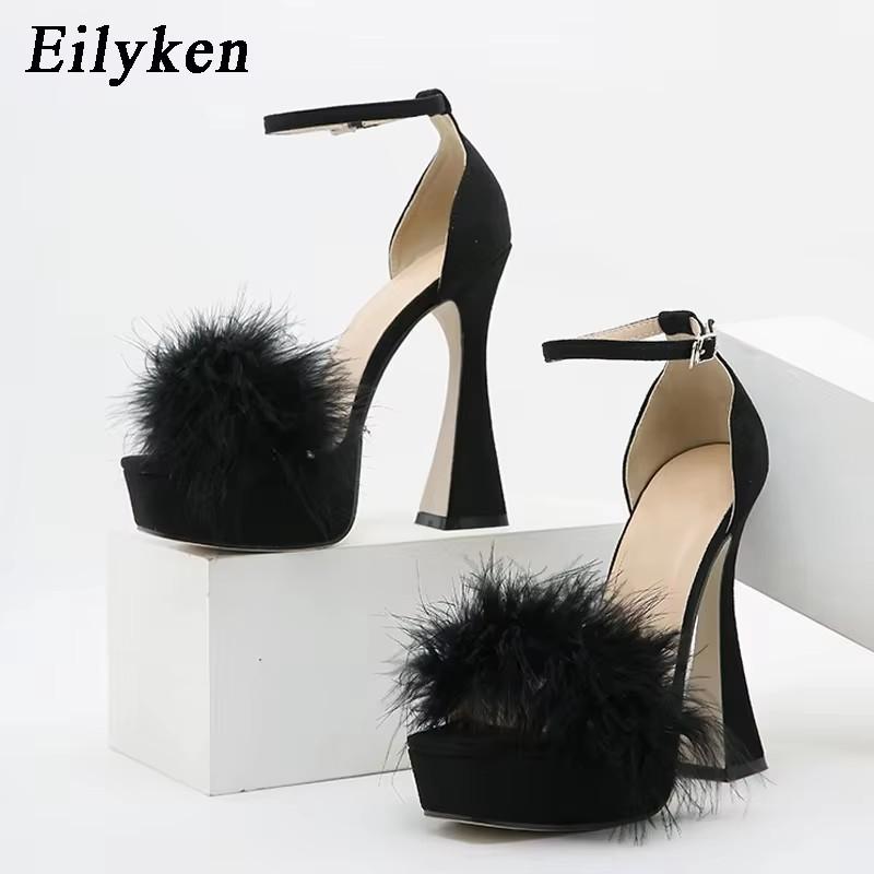 Eilyken Summer Platform Peep Toe Women Sandals Sexy Elegant Feather Buckle Strap High Heels Wedding Party Shoes