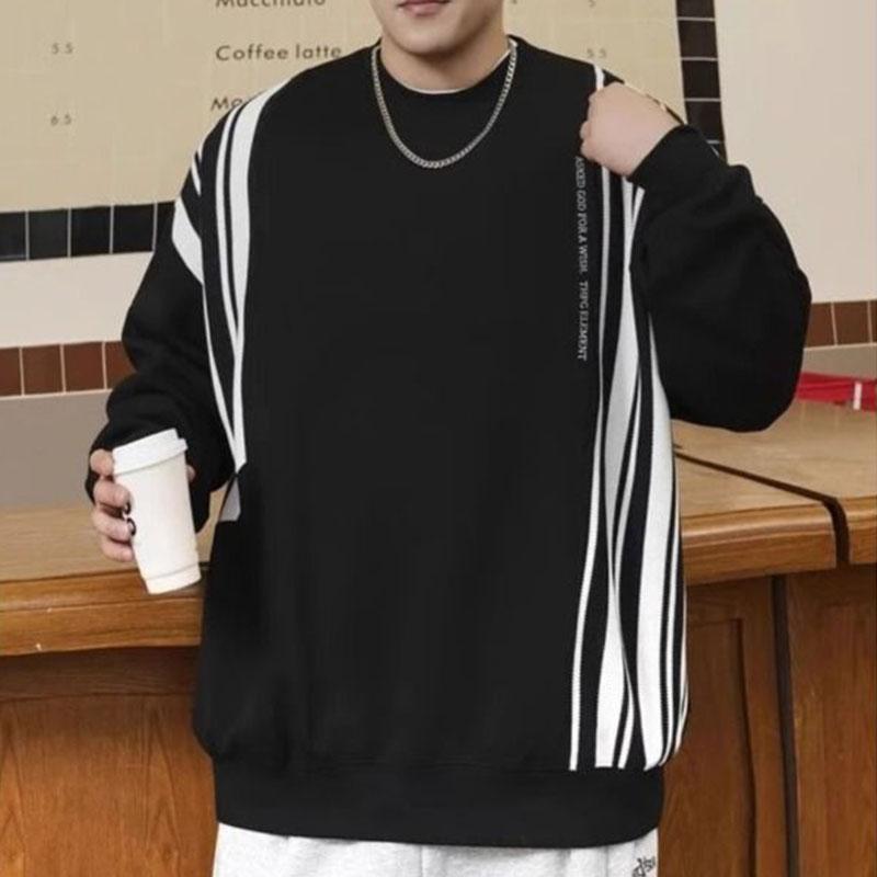 

Men s Autumn New Casual Splicing Striped Loose Plus Fat Enlarged Round Neck Pullover Sweatshirt Long Sleeves 4XL чорний