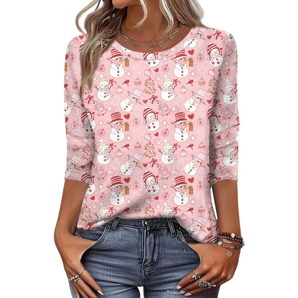 Women's Fashion Casual Round Neck 3/4 Sleeve Loose  Printed T-Shirt Ladies Top