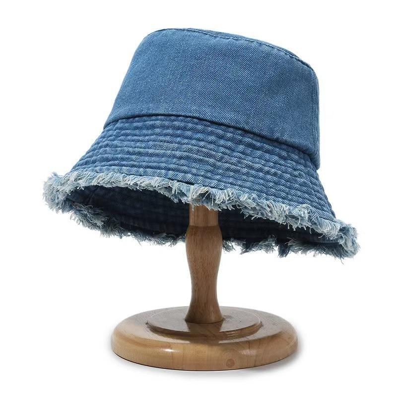 New Summer Washed Denim Blue Bucket Hat For Women Outdoor Sunshade Fisherman Cap Wide Brim Tassel Edge Label Sun Hat For Men