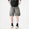 American high street denim shorts men's loose washed trend straight versatile sports ripped casual five-point pants