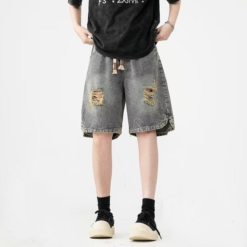 American high street denim shorts men's loose washed trend straight versatile sports ripped casual five-point pants