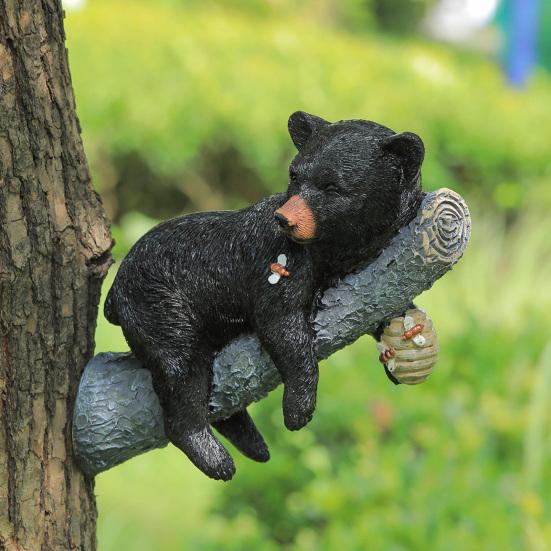 Cute Black Bear Cub Garden Statue, Tree Branch Decor with Honeycomb & Bee Accents for Outdoor Yard, Fence or Indoor Wall Decoration