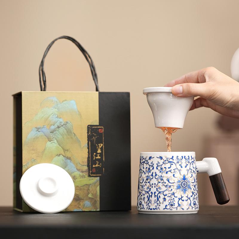 Light luxury company gifts suet jade twisted lotus ceramic mug with lid office teacup gift