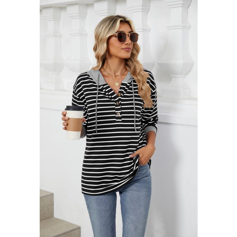 Autumn Women's Striped Clashing Colour Splicing Hooded Long Sleeve Loose Sweatshirt