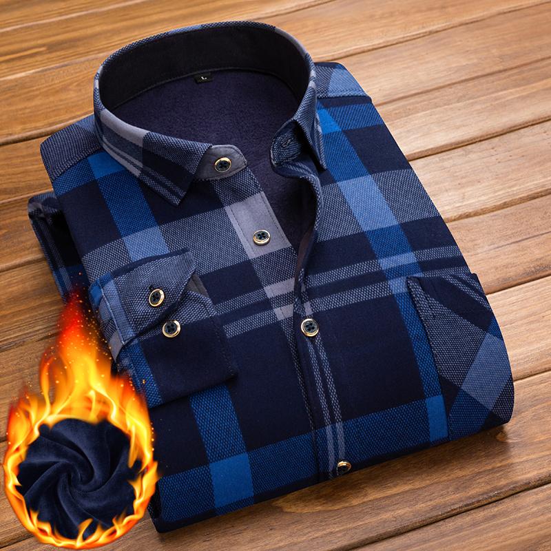 Winter Men Shirt Plaid Flannel Thick Warm Long Sleeve Fleece Autumn Dress Flannel Formal Shirt Fashion Casual Slim Fit Pocket