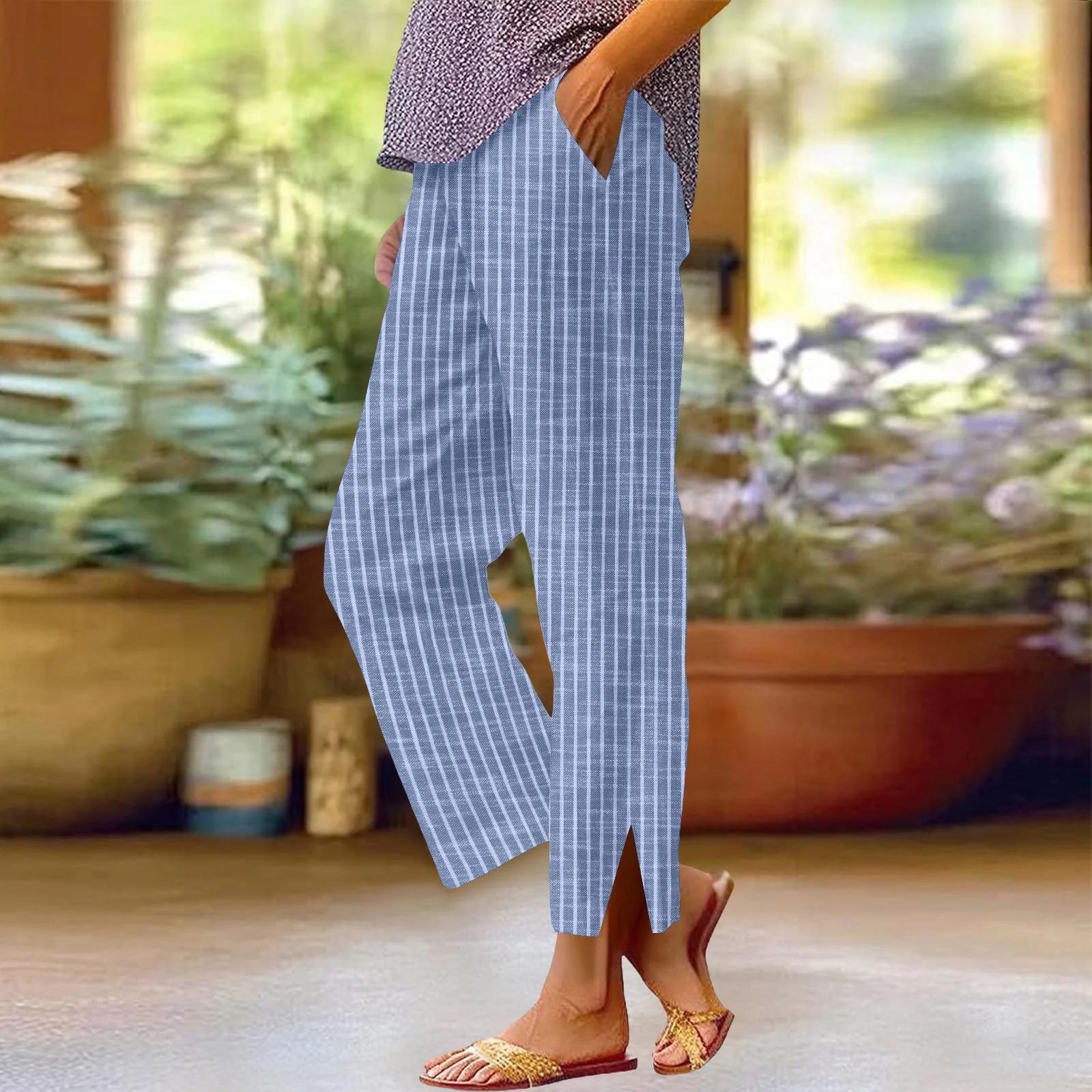 

Женские модные полосатые свободные повседневные брюки из хлопка и льна с эластичным поясом, удобные, прямые L синий