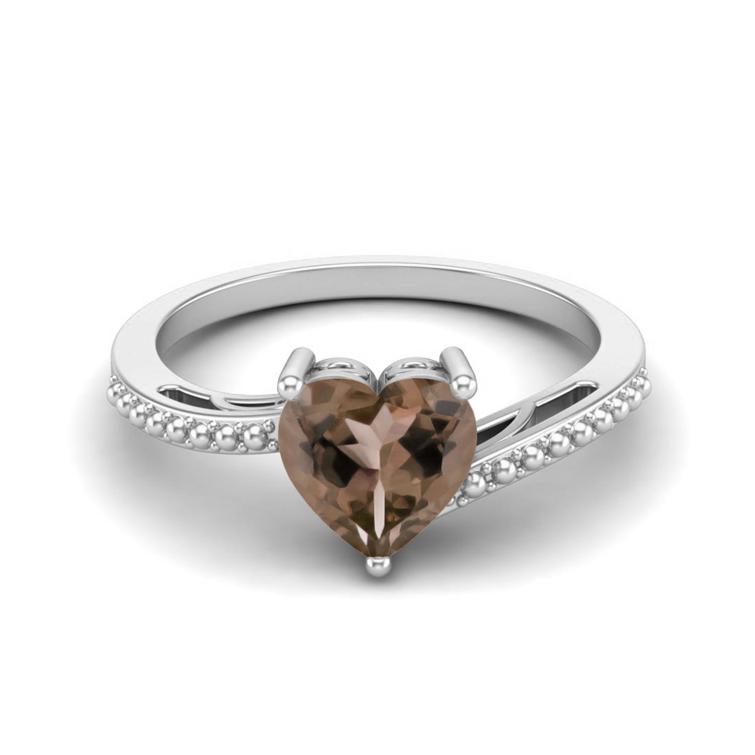 7mm Heart Smoky Quartz 925 Sterling Silver Solitaire Beaded Shank Women Wedding Ring 9