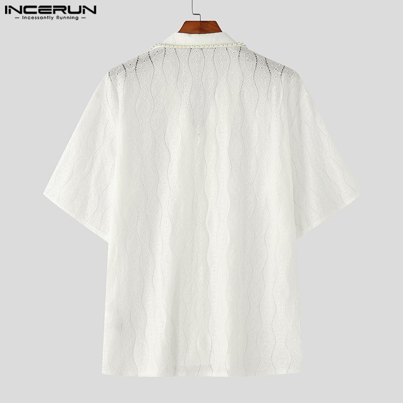 INCERUN Men Beading Neck Short Sleeve Lace Crochet Casual Oversized Shirts