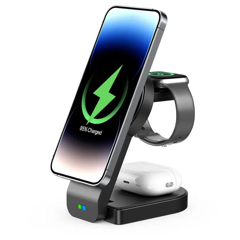 

3 In 1 Magnetic Wireless Charger Stand Pad Foldable Fast Charging Station Dock For iPhone 15 14 13 12 Pro Max IWatch 8 7 Airpods чорний