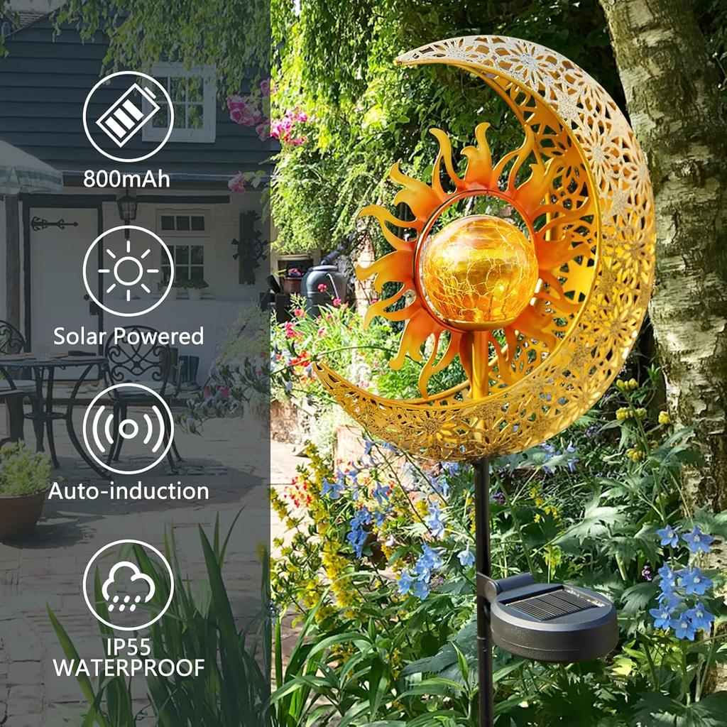 LICKLIP Garden Solar Lights Outdoor Decorative, Sun & Moon Crackle Glass Globe Metal Stake Light, Waterproof Warm White LED Light, Decorations for