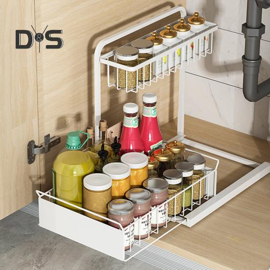 Under Sink Organizer with Sliding Drawer L-Shaped Carbon Steel Storage Rack Rust-Proof Under Sink Rack for Kitchen Bathroom Clutter