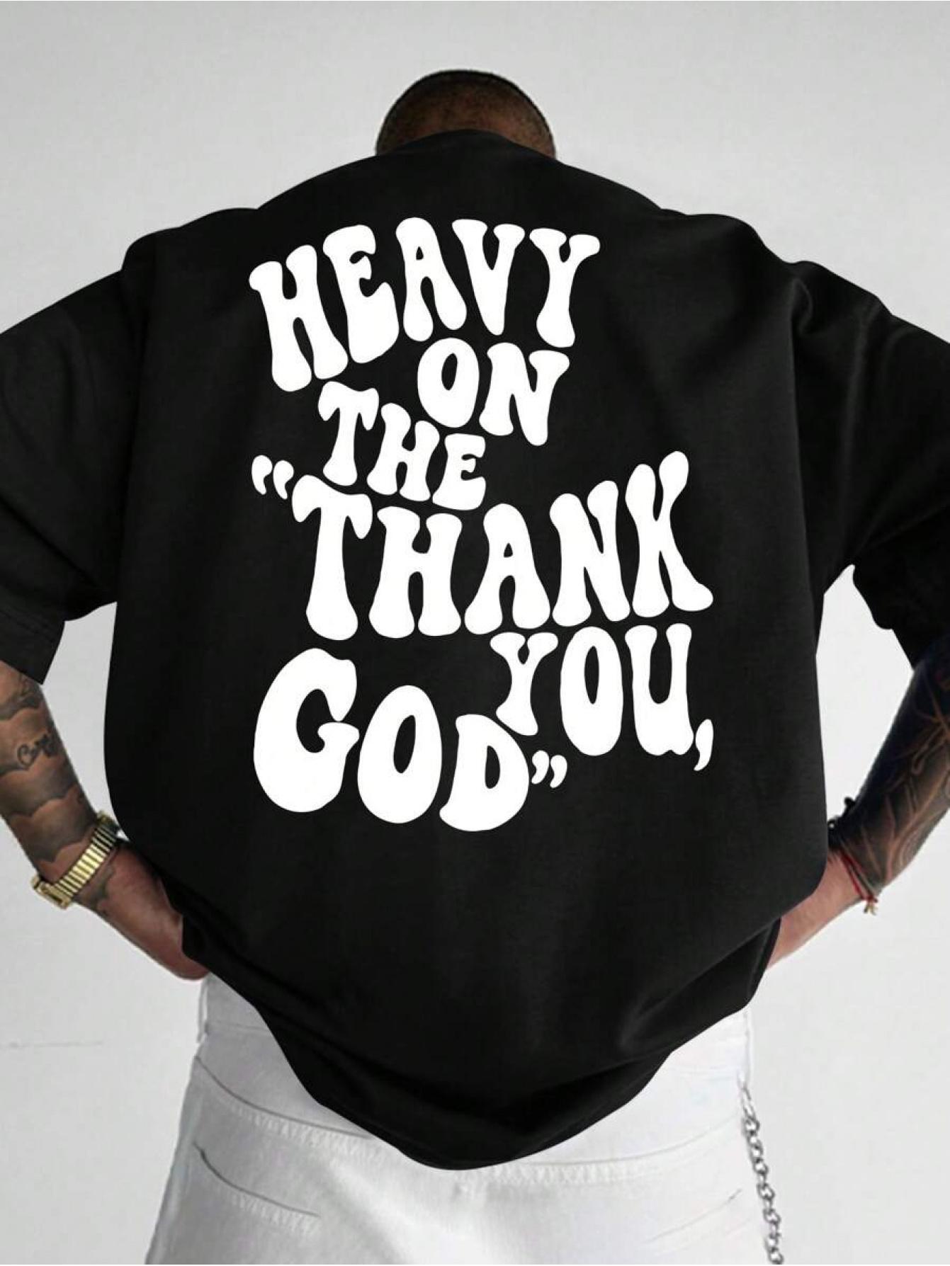 Mens heavyduty Thank God pattern Tshirt in black with loose white lettered design round neck casual daily shirt S