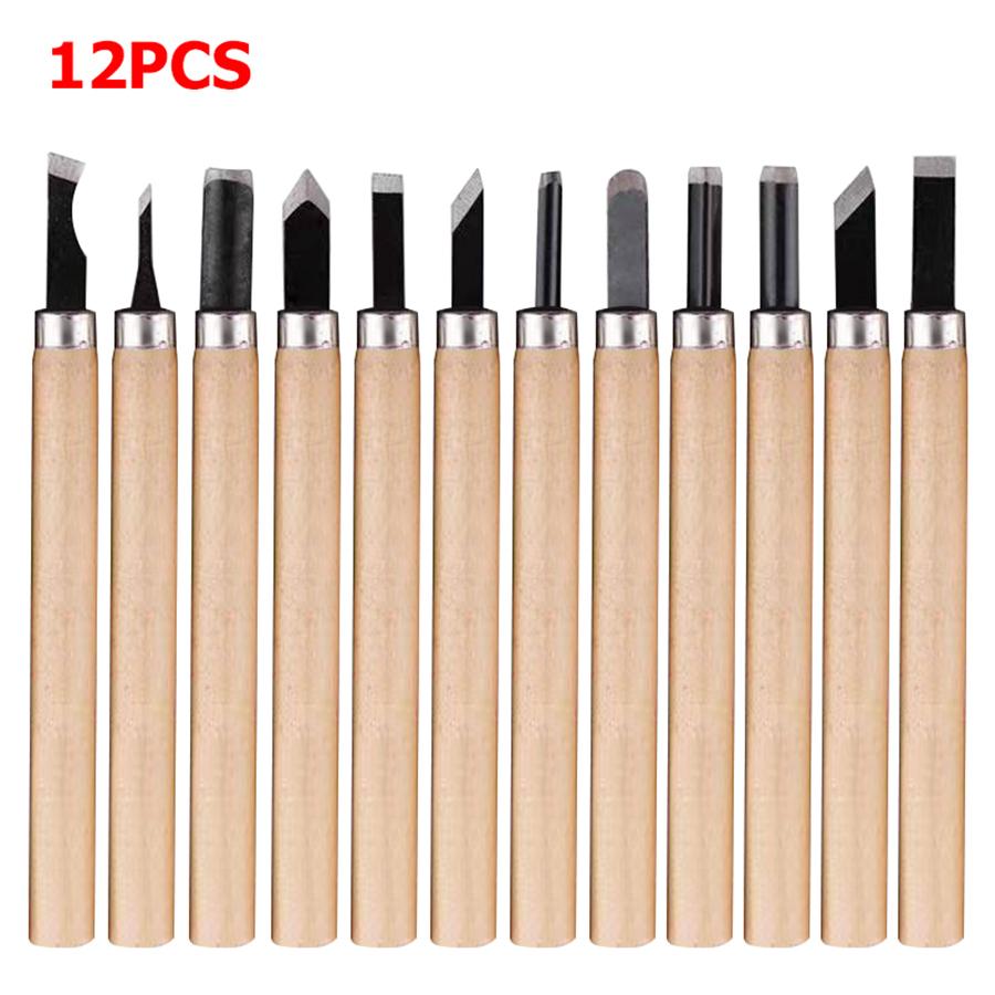 6-12pcs High Manganese Steel Engraving Knife with Wooden Handle Professional Handmade Wood Carving Chisel Tools Kit