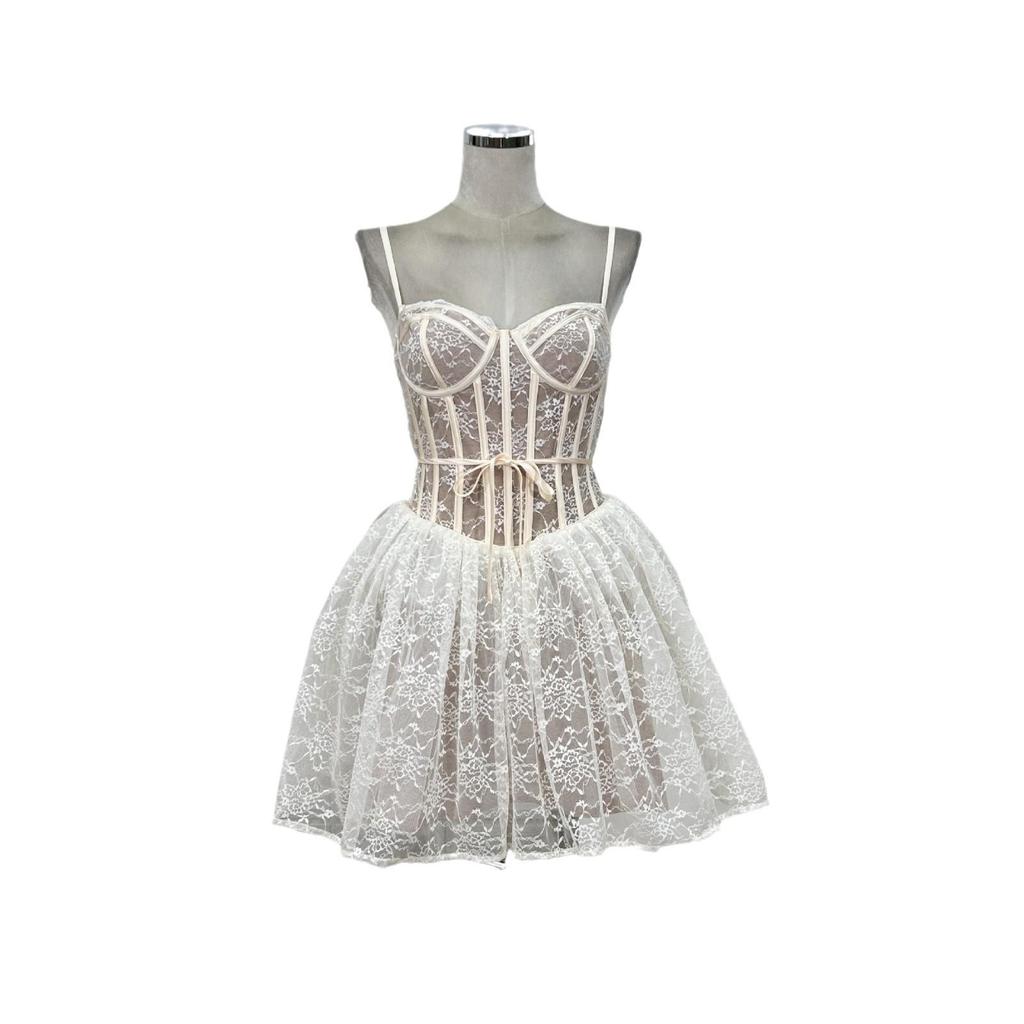 Sweet & Spicy Lace Waist-Cinched Puffy Strap Mini Dress for Parties - Autumn/Summer