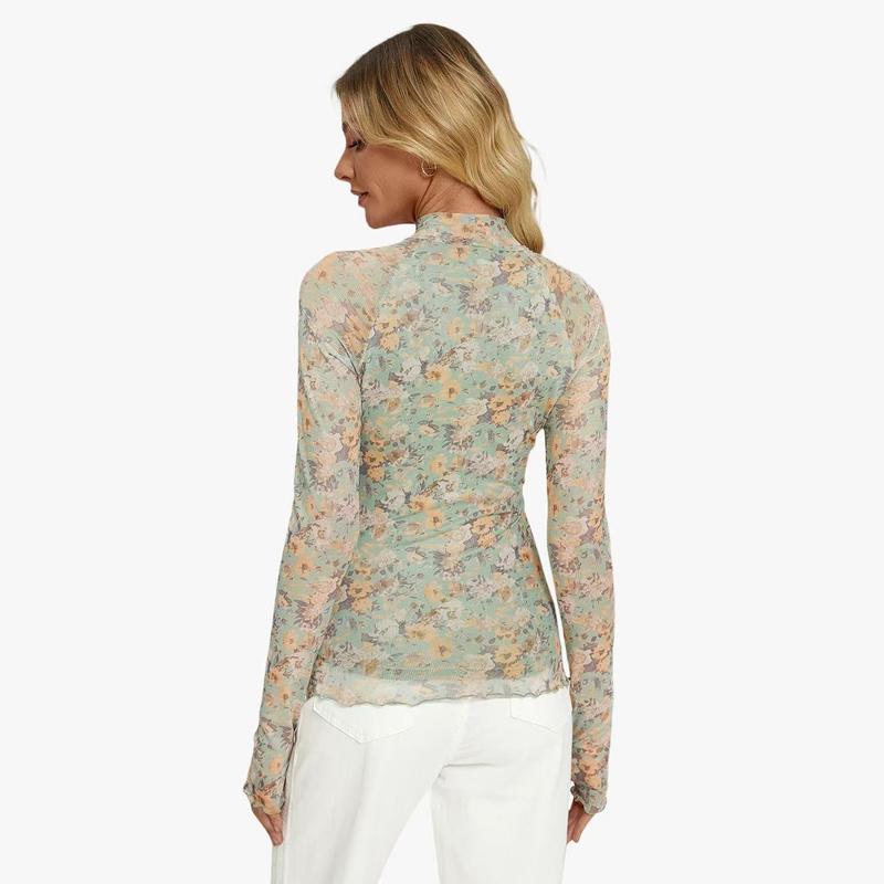 Women's Mesh Floral Print Slim Tops Long-sleeved Pullover