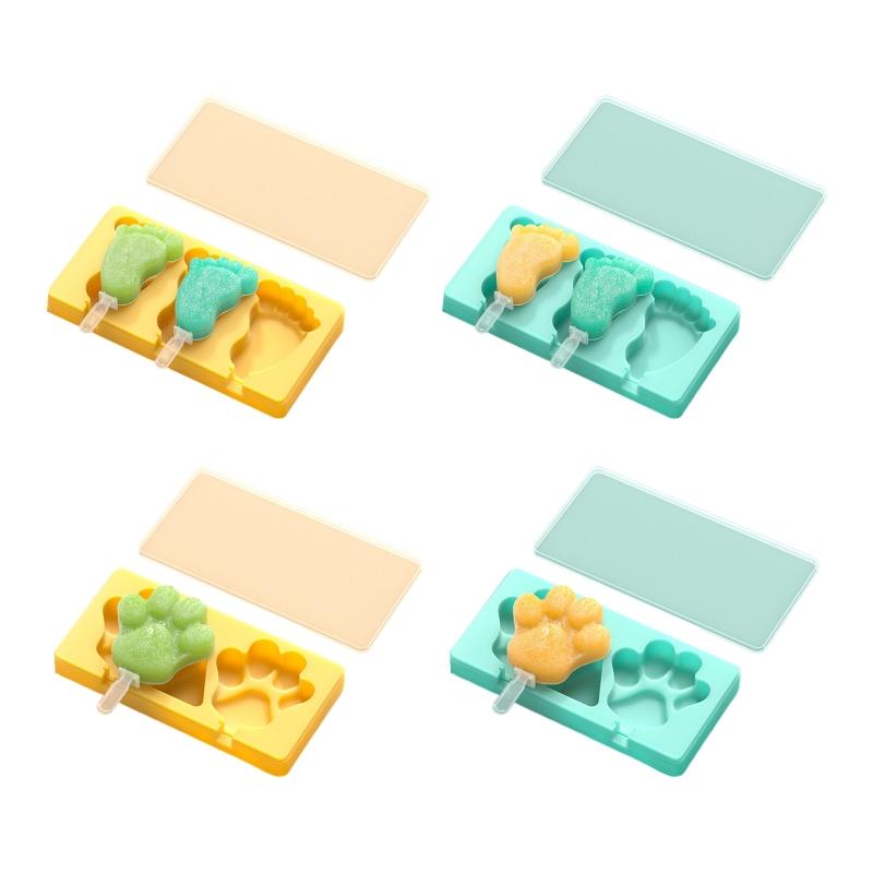 Silicone Popsicles Molds 4 Cavities Foot Shape Ices Cream Mold Freezers Ices Mold Cake Candy Mold with Lids & Stick