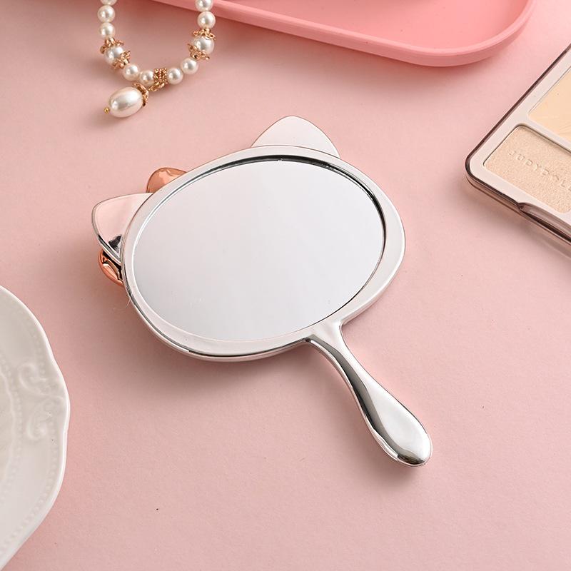 Compact Silver Handheld Folding Makeup Mirror with Cat Design