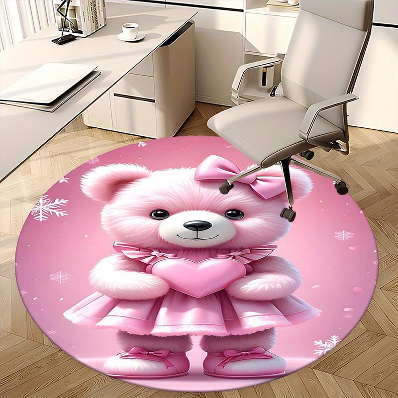 1pc Pink Teddy Bear with Heart Round Carpet - Anime Design, Office Chair Mat, Non-Slip Rug, Seasonal Gift, Suitable for Home Decor, Office Use, Living