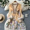 French romantic style V-neck floral dress for women's spring and autumn long-sleeved high-waisted lace-up and thin temperament A-shaped skirt