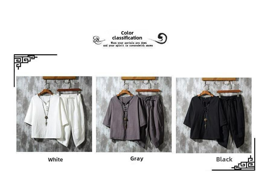 Men's Retro Chinese-Style Cotton & Linen Buttoned Three-Quarter Sleeve T-Shirt and Shorts Set
