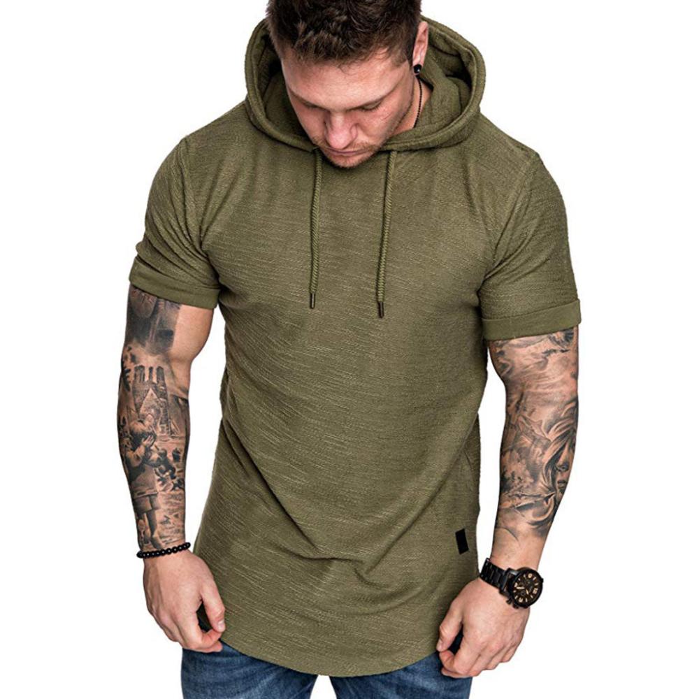 Sommermode Herren T-Shirts Kurzarm O-Ausschnitt Mit Kapuze Einfarbig T-Shirts Lässiges Workout Fitness Männliches Sport-T-Shirt