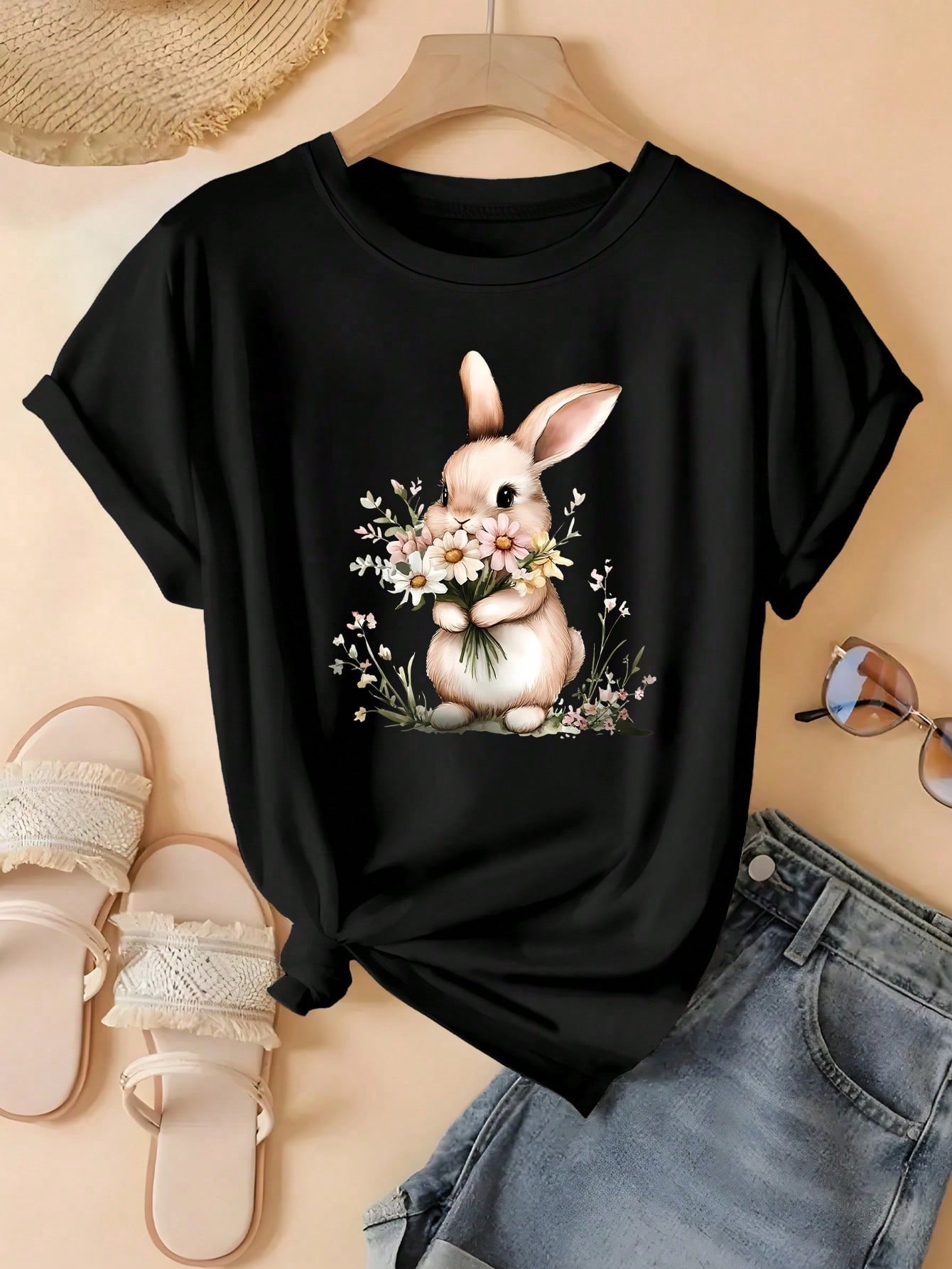 2026 New Fashion Plus Size Women Summer Cute Bunny Holding Flowers Print Casual Crew Neck Short Sleeve Tee Tops Clothing S