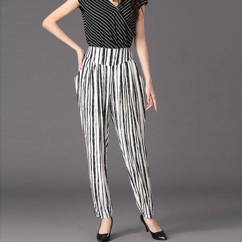Korean Fashion Striped Printed Harem Pants for Women Spring New Casual Loose Elastic High Waist Pockets Trousers Female
