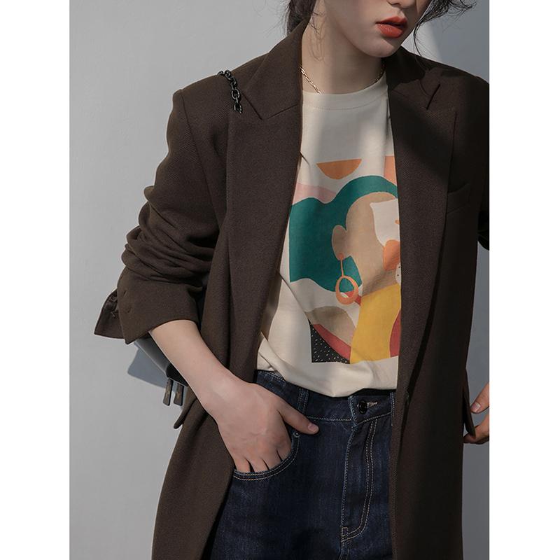 Hirsionsan Vintage Printed Long Sleeve T-shirt Women Loose 100% Cotton O-neck Tees Female Chic Aesthetic Graphic Pullover 2023