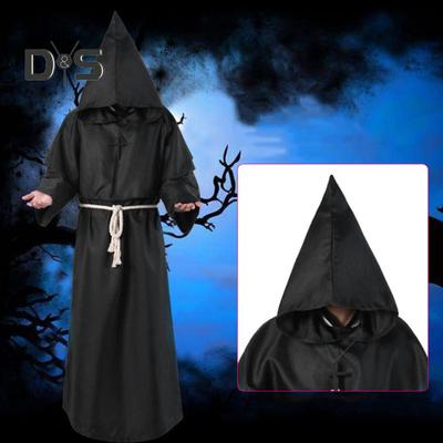 4Pcs/Set Halloween Cloak Costume Medieval Monk Robe Wizard Cosplay Dance Fabric Cape with Strong Drape Big Hat Necklace Waist Rope
