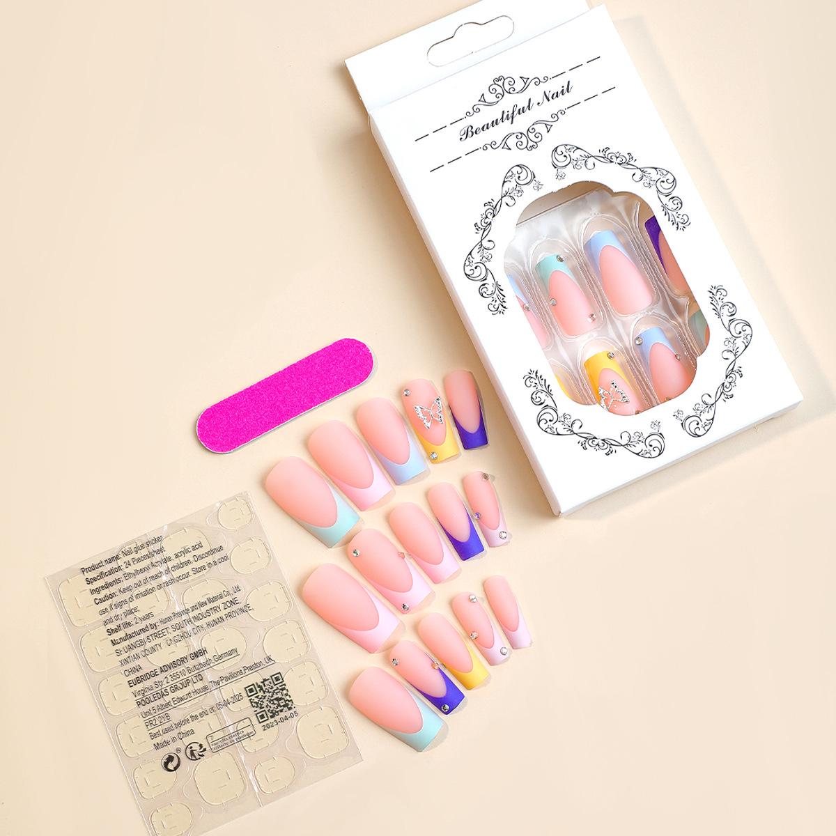 

Красочные накладные ногти с французским кончиком и дизайном из страз с бантиком