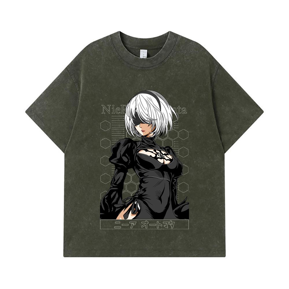 275 GSM Washed T-shirts 100% Cotton NieR Automata V2 2B Print Unisex Heavy Cotton T Shirt