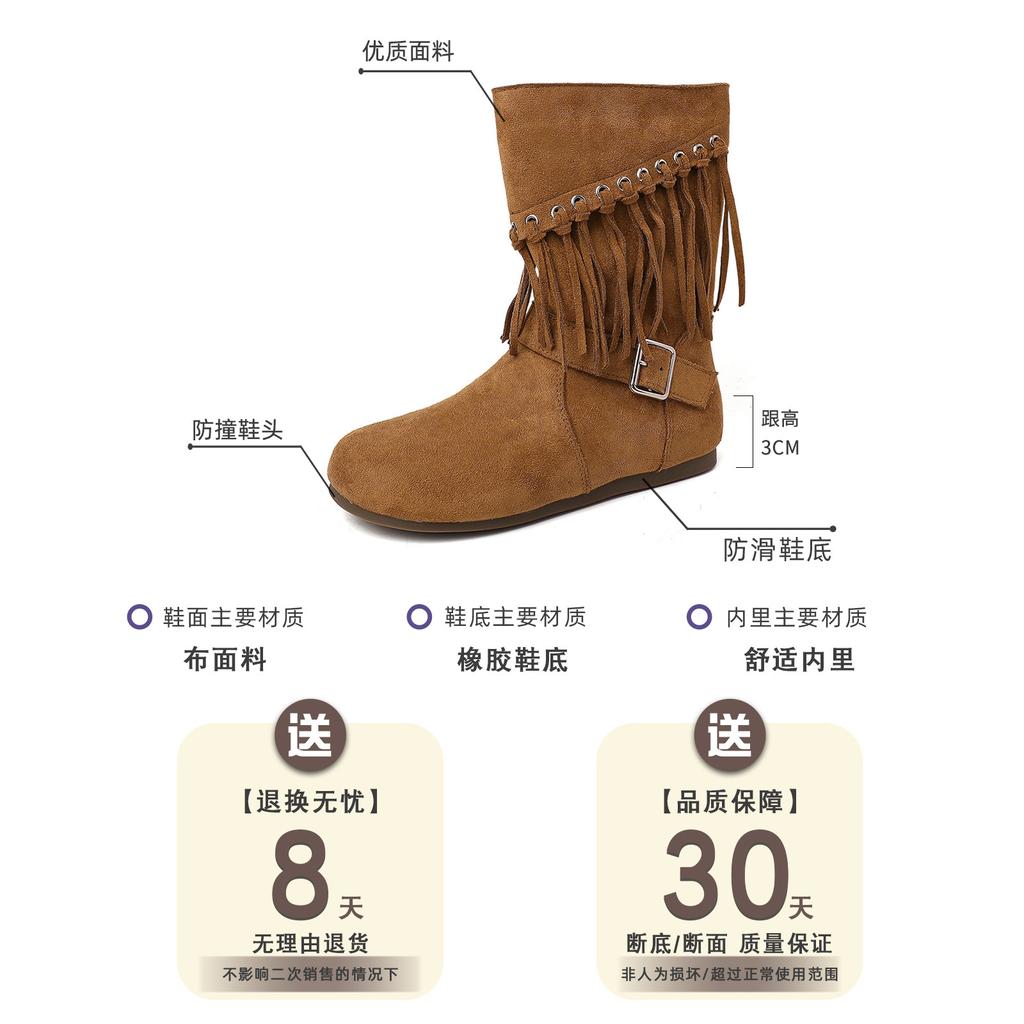 Design Sense Wasteland Style Women's Martin Boots Autumn and Winter Niche Retro Tassel Western Cowboy Temperament Wedge Heel Fashion Boots