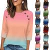 Women's 3/4 Sleeve Crew Neck Button Gradient Print Top Casual Loose Fit Pullover Shirt for Everyday Wear