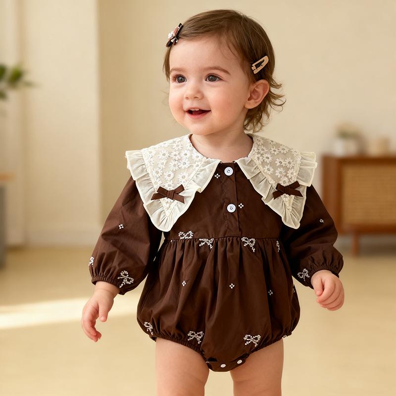 Baby-Krabbelstrampler im koreanischen Stil mit besticktem Kragen - Langarm, Niedrige Vollabdeckung für Frühling/Herbst.