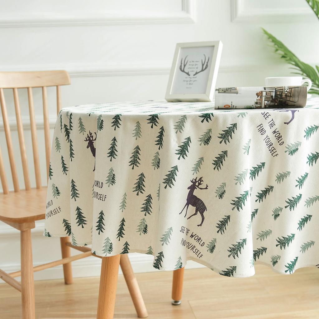 Cotton And Linen Round Tablecloth Elk And Green Christmas Tree Printed Dining Table Cloth For Home Garden Tea