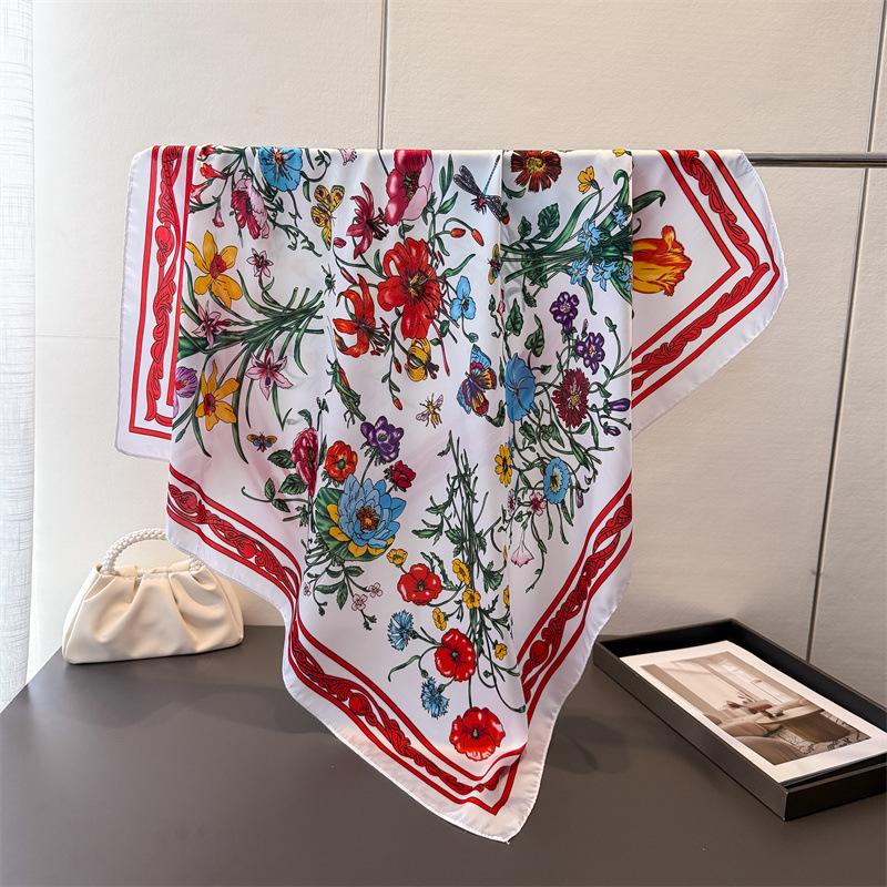 Korean Version Of Fresh Flower Satin Imitation Silk Printing Large Square Scarf Silk Scarf Shawl Headscarf Neck Protection Scarf Decorative Scarf