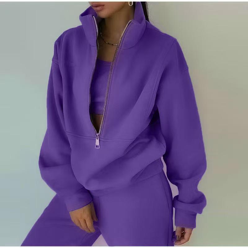Europäischer & Amerikanischer Stil Lässiger Strickfleece mit Reißverschluss Sweatshirt & Sweatpants Damen Zweiteiler
