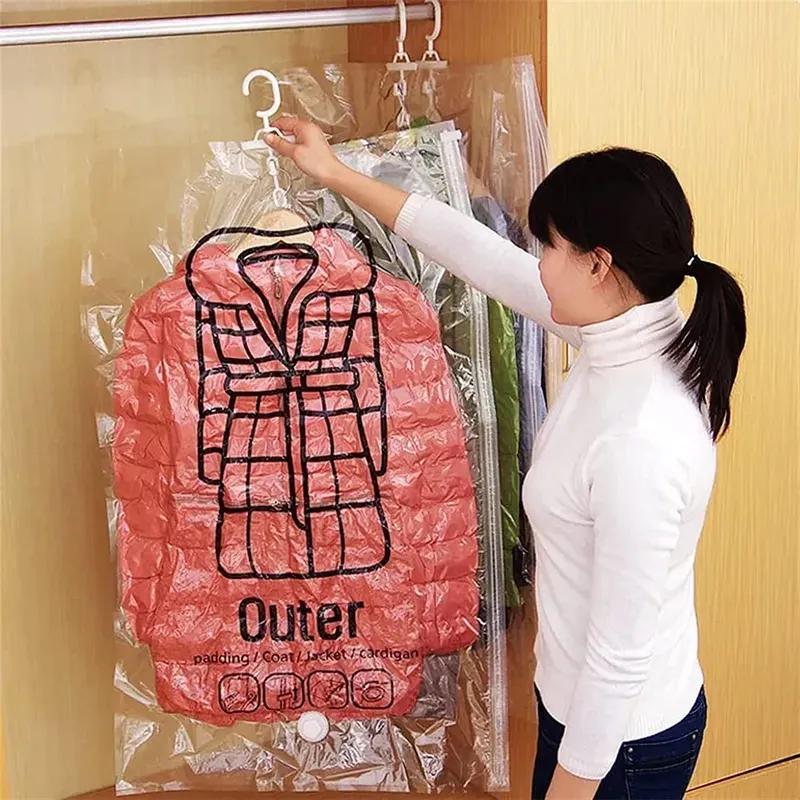 Hanging Vacuum Bags Space Saving Clothes Compression Storage Bag Reusable Empty Pump Bags Clothes Wardrobe Quilt Vacuum Pack