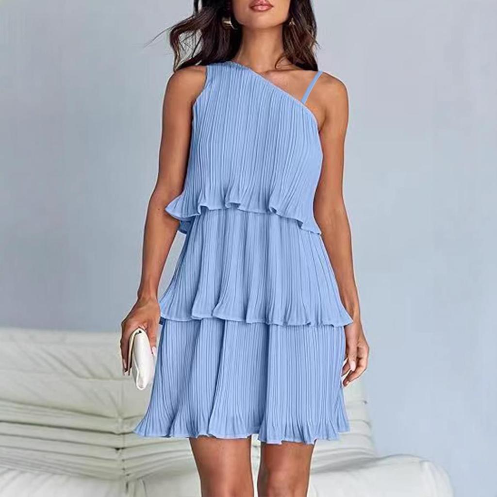 2026 European Cross-Border Women's One-Shoulder Layered Patchwork Pleated Dress