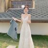 Vestido Longo de Verão Infantil Branco Francês com Alças Finas e Cintura Marcada Estilo Bolo