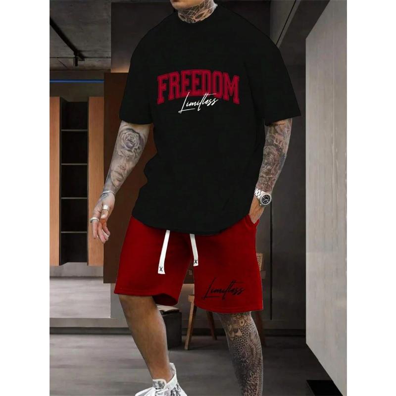 

2025 summer new men s two-piece set with 3D printed letters, street T-shirt, casual outdoor sports short sleeved drawstring shor 6XL