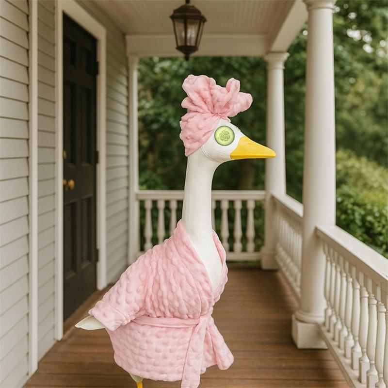 3Pcs Porch Outfit Statue Clothes Plush Pink Bathrobe with Spa Headwrap Cucumber Eyes Funny Outdoor Decoration