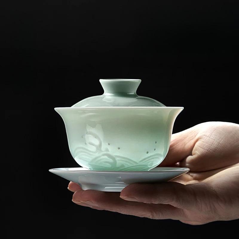180ML Hand Carved Celadon Gaiwan Chinese Kung Fu Tea Set Traditional Ceramic Teaware Home Office Decor Gift 180ml
