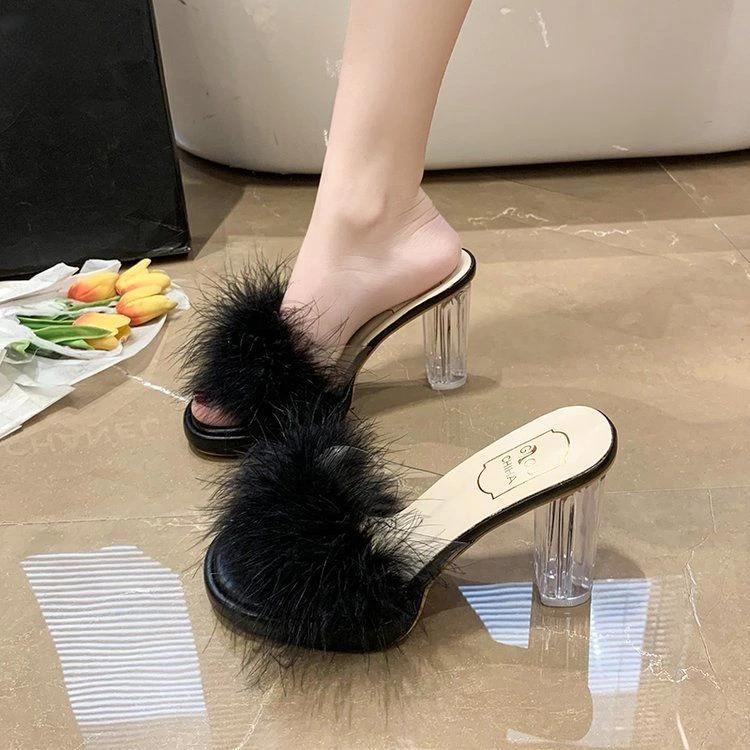 Fashion Fluffy Shoes Women's Slippers and Ladies Sandals Job Slides Heeled Sexy Furry Transparent Outside Open Toe Unique Easy Wears B Y