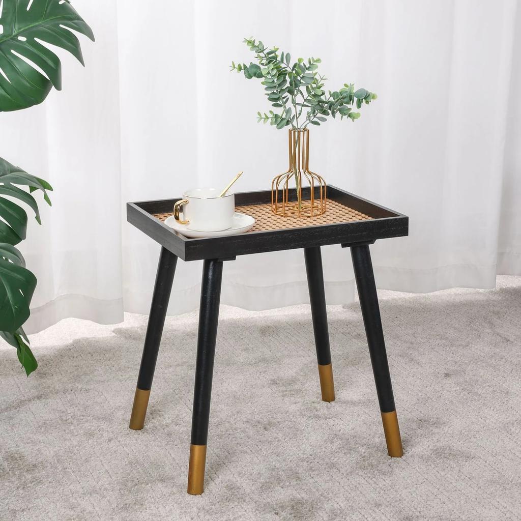 Rechteckiger Beistelltisch für kleine Räume, Beine aus Massivholz und Nachttisch aus Rattan, moderner Beistelltisch für Schlafzimmer, Büro, Wohnzimmer, der Tisch