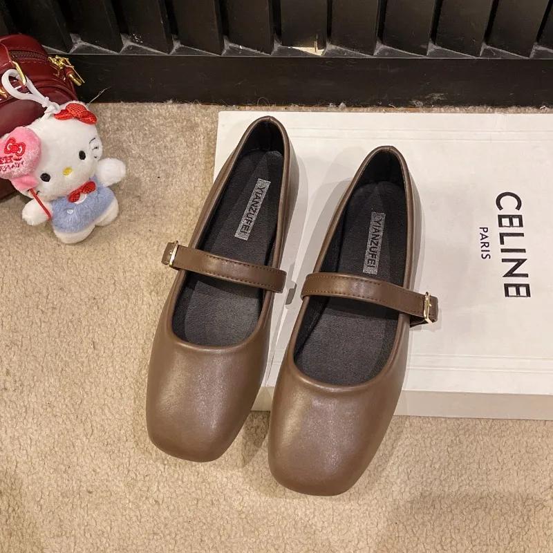 

Fashion Mary Jane Shoes Female Genuine Leather 2024 New Square Toe Snap Ballet Shoes Women Flat Cowhide Ladies Shoes 40 коричневый