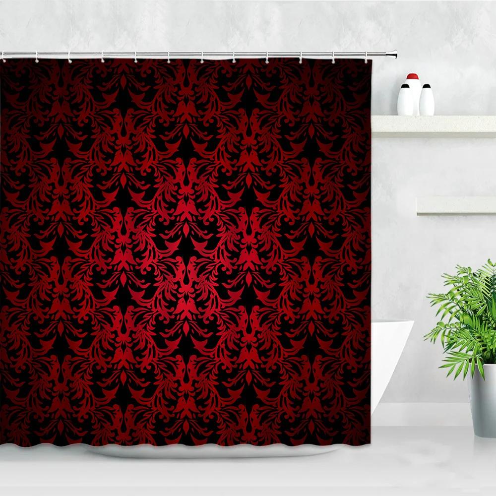Elegant Red & Black Damask Print Waterproof Shower Curtain - Stylish, Durable & Easy-Care Choice for Classic Bathroom Décor